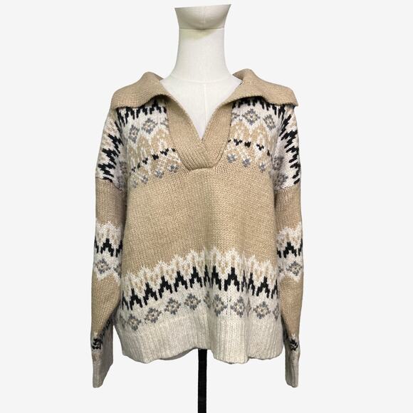 RDI Fair Isle Collared Sweater XL Beige Nordic Knit Split Neck NWT Nordstrom - Picture 1 of 10